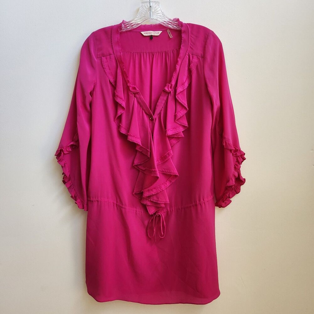 Rebecca Taylor Tunic Women's 6 Pink Silk Ruffled Neckline Sleeve 1/2 Button Top